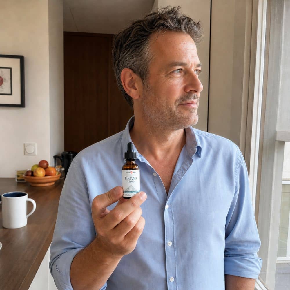Homme tenant une bouteille d'huile de CBD Lugano dans un cadre de cuisine