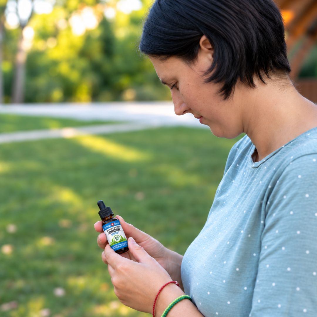 Frau im Park liest das Etikett einer kleinen Flasche CBD-Öl, in hellblauem Punkte-T-Shirt mit roten und grünen Armbändern