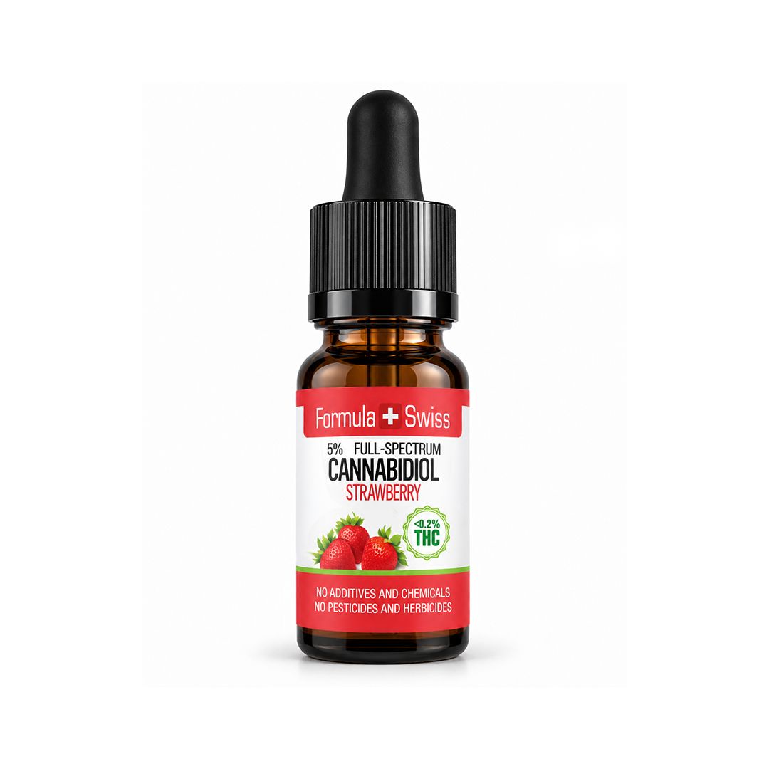 Flacon compte-gouttes ambré d’huile de CBD Formula Swiss Fraise, <0,2 % THC, sur fond blanc