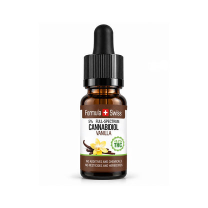 Flacon compte-gouttes ambré d’huile de CBD Formula Swiss Vanille, 5 % spectre complet, étiquette ornée de fleurs de vanille
