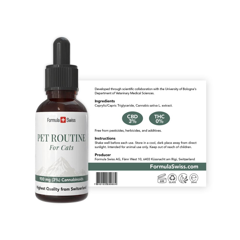Bouterne à huile CBD pour chats par Formula Swiss avec compte-gouttes sur fond blanc