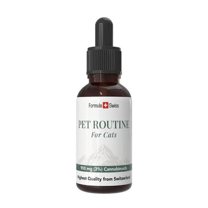 Bouteille de 'Pet Routine for Cats' avec Formula Swiss branding sur fond blanc
