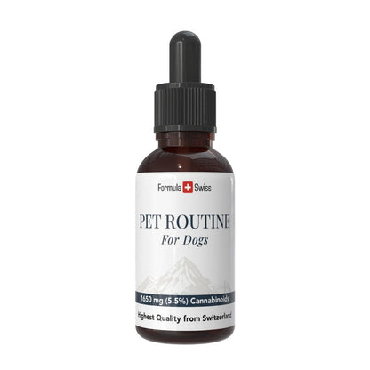 Bouteille de 'Pet Routine for Dogs' avec une étiquette blanche sur fond blanc