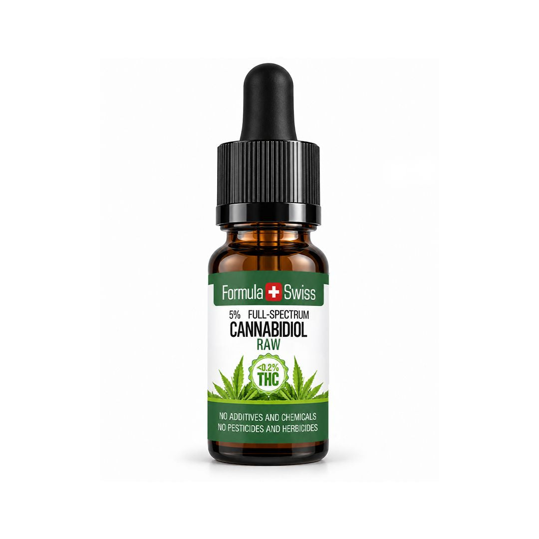 10-ml-Braunglas-Pipettenflasche Formula Swiss RAW CBD-Öl, 5 % Vollspektrum, weisses Etikett mit grünen Akzenten
