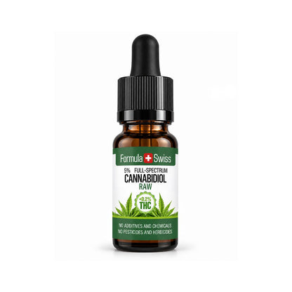 10-ml-Braunglas-Pipettenflasche Formula Swiss RAW CBD-Öl, 5 % Vollspektrum, weisses Etikett mit grünen Akzenten