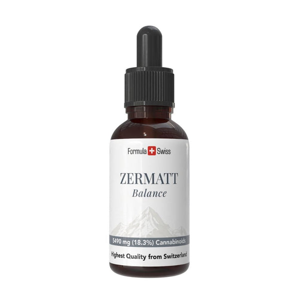 Bouteille d'huile de CBD Zermatt avec Formula Swiss branding sur fond blanc